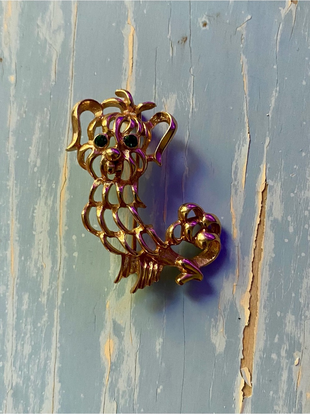 Gold Tone Dog-Shaped Brooch with Green Stone Eyes